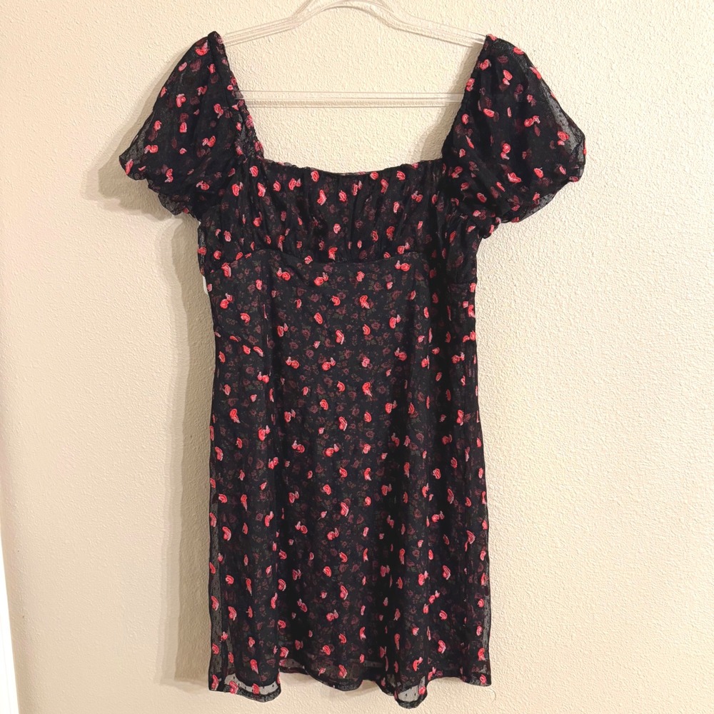 Free People Black Mini Dress with Pink Floral Print Whimsy Goth - Picture 3 of 12
